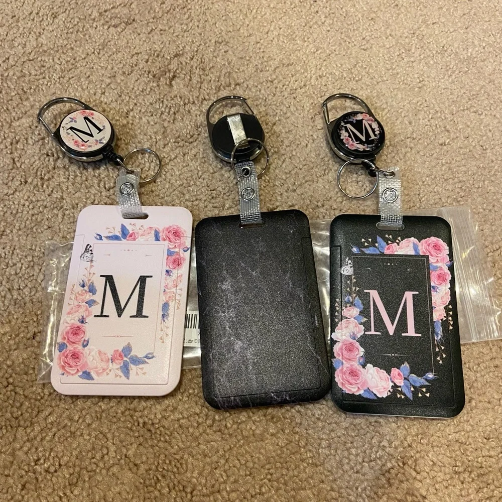 Floral Badge Holder Set of Three - Black and Pink Monogram